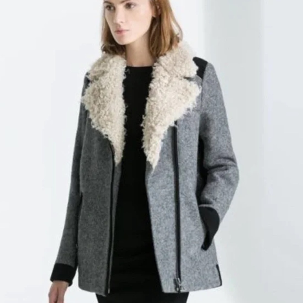 ZARA Women's Gray Shearling Collar Jacket